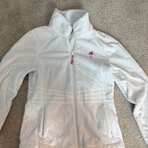 Lilly Pulitzer White Zip-Up Jacket with Pink Palm Tree Logo